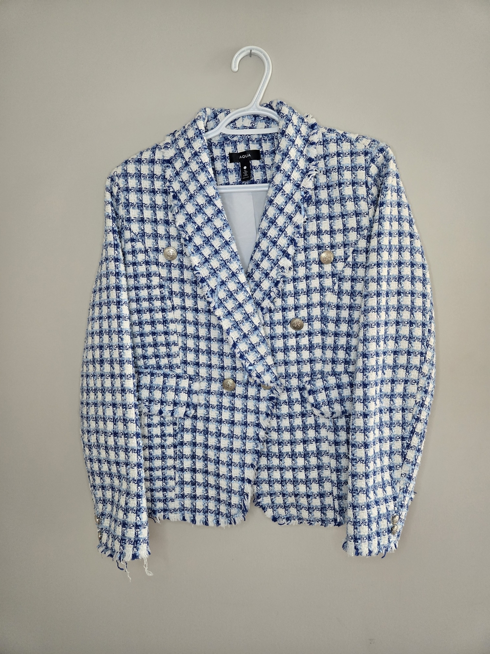 Aqua blue + white tweed double-breasted blazer sport coat, distressed hem, large